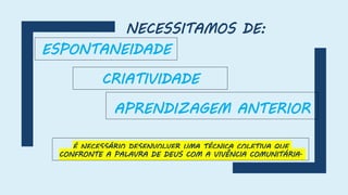 ESPONTANEIDADE
NECESSITAMOS DE:
CRIATIVIDADE
APRENDIZAGEM ANTERIOR
É NECESSÁRIO DESENVOLVER UMA TÉCNICA COLETIVA QUE
CONFRONTE A PALAVRA DE DEUS COM A VIVÊNCIA COMUNITÁRIA.
 