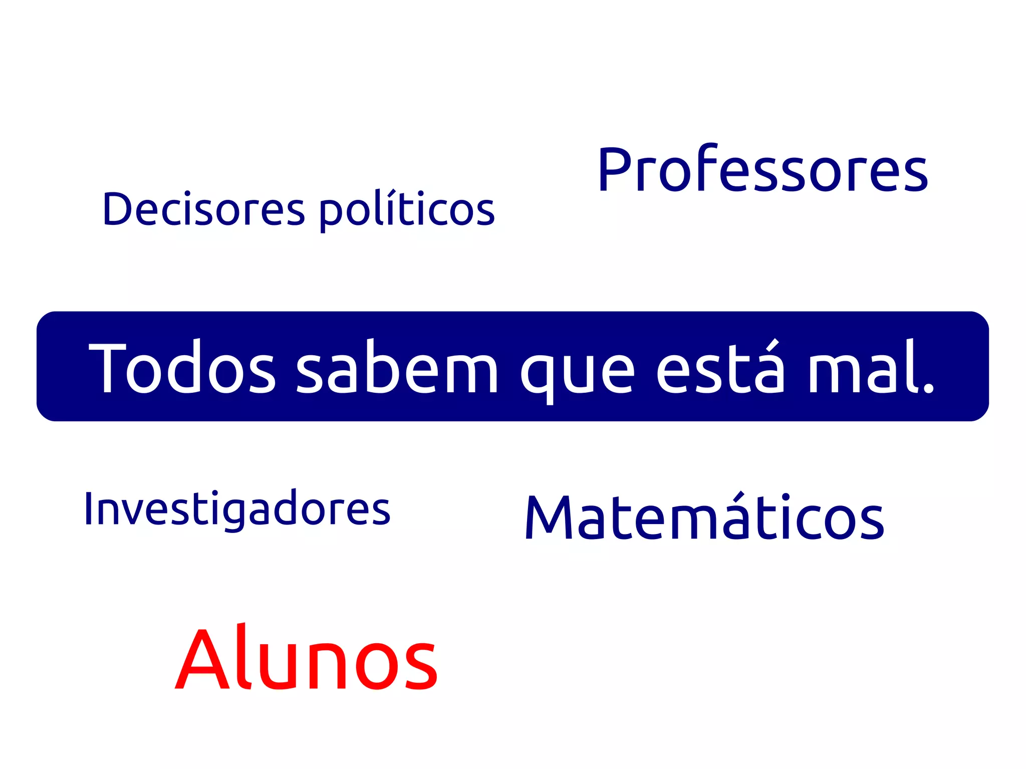 Professores
Decisores políticos


Todos sabem que está mal.
Investigadores        Matemáticos

    Alunos
 