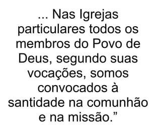 ... Nas Igrejas particulares todos os membros do Povo de Deus, segundo suas vocações, somos convocados à santidade na comunhão e na missão.” 