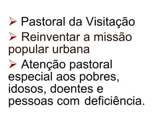   Pastoral da Visitação Reinventar a missão popular urbana Atenção pastoral  especial aos pobres,  idosos, doentes e  pessoas com  deficiência.   