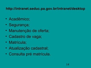 http://intranet.seduc.pa.gov.br/intranet/desktop

•   Acadêmico;
•   Segurança;
•   Manutenção de oferta;
•   Cadastro de vaga;
•   Matrícula;
•   Atualização cadastral;
•   Consulta pré matrícula.

                                    14
 