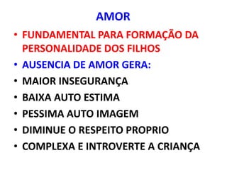 AMOR
• FUNDAMENTAL PARA FORMAÇÃO DA
  PERSONALIDADE DOS FILHOS
• AUSENCIA DE AMOR GERA:
• MAIOR INSEGURANÇA
• BAIXA AUTO ESTIMA
• PESSIMA AUTO IMAGEM
• DIMINUE O RESPEITO PROPRIO
• COMPLEXA E INTROVERTE A CRIANÇA
 