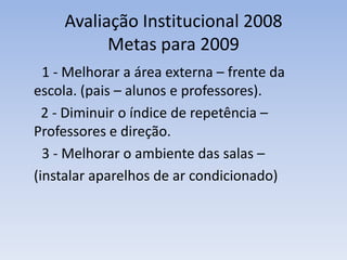 Avaliação Institucional 2008Metas para 2009      1 - Melhorar a área externa – frente da escola. (pais – alunos e professores).	  2 - Diminuir o índice de repetência – Professores e direção.      3 - Melhorar o ambiente das salas – 	(instalar aparelhos de ar condicionado) 