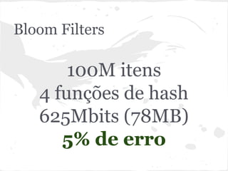 Bloom Filters

       100M itens
   4 funções de hash
   625Mbits (78MB)
      5% de erro
 