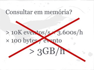 Consultar em memória?


> 10K eventos/s × 3.600s/h
× 100 bytes / evento
       > 3GB/h
 