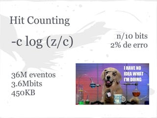 Hit Counting
                n/10 bits
-c log (z/c)   2% de erro


36M eventos
3.6Mbits
450KB
 