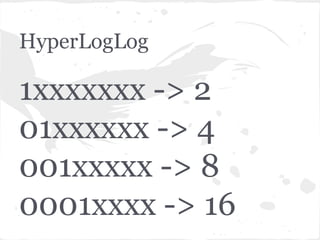 HyperLogLog

1xxxxxxx -> 2
01xxxxxx -> 4
001xxxxx -> 8
0001xxxx -> 16
 