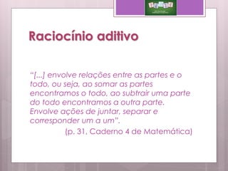 Raciocínio aditivo
“[...] envolve relações entre as partes e o
todo, ou seja, ao somar as partes
encontramos o todo, ao subtrair uma parte
do todo encontramos a outra parte.
Envolve ações de juntar, separar e
corresponder um a um”.
(p. 31, Caderno 4 de Matemática)
 