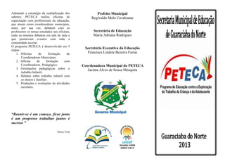 Adotando a estratégia da multiplicação dos             Prefeito Municipal
saberes; PETECA realiza oficinas de                 Regivaldo Melo Cavalcante
capacitação com profissionais da educação,
que atuam como coordenadores municipais,
estes, por sua vez, debatem com os
professores os temas estudados nas oficinas,         Secretária de Educação
onde os mesmos debatem em sala de aula e             Maria Adriana Rodrigues
que promovam eventos com toda a
comunidade escolar.
O programa PETECA é desenvolvido em 5
etapas.
                                                Secretária Executiva da Educação
    1. Oficinas       de      formação   de      Francisca Lindete Bezerra Farias
        Coordenadores Municipais.
    2. Oficina       de     formação   com
        Coordenadores Pedagógico.              Coordenadora Municipal do PETECA
    3. Orientações pedagógicas sobre o            Jacinta Alves de Sousa Mesquita
        trabalho Infantil.
    4. Debates sobre trabalho infantil com
        os alunos e famílias.
    5. Produções e avaliações de atividades
        escolares.




“Reunir-se é um começo, ficar junto
é um progresso trabalhar juntos é
sucesso ”

                                  Henry Ford
 