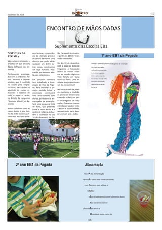 Dezembro de 2014 11 
NOTÍCIAS DA 
PEGADA 
São muitas as atividades e 
projetos em que a Escola 
Básica da Pegada está en-volvida. 
Continuamos preocupa-dos 
com o ambiente. Por 
isso, estamos a separar 
plástico, que é recolhido 
na escola pela empre-sa 
Vitrus, para ajudar na 
aquisição de camas ar-ticuladas 
e cadeiras de 
roda, e papel e cartão, 
no âmbito da campanha 
“Resíduos a Pedo”, da Re-sinorte. 
Somos solidários com as 
causas justas e, por isso, 
no dia 30 de outubro, jun-tamo- 
nos aos que quise-ram 
lembrar a importân-cia 
da deteção precoce 
do cancro da mama. Uma 
doença que pode afetar 
qualquer um. Entre ou-tras 
coisas, construímos 
um laço humano, mos-trando 
que estamos aler-ta 
para esta doença. 
Em parceria connosco 
tem trabalhado a Asso-ciação 
de Pais da Pega-da. 
Para encerrar o pri-meiro 
período letivo, a 
Associação promoverá 
uma festa-convívio com 
alunos, professores e en-carregados 
de educação. 
Será uma pequena festa 
de Natal, que pretende 
juntar a nossa escola e o 
Jardim de Infância de Azu-rém, 
a acontecer no dia 
16 de dezembro, no Sa- 
Alimentação 
No diA da alimentação 
na escoLa comi uma sande saudável 
com fIambre, ovo, alface e 
toMate 
nEste dia devemos comer alimentos bons 
Não devemos comer 
chocolaTes senão a 
Obesidade toma conta de 
nóS 
lão Paroquial de Azurém, 
a partir das 18h30. Todos 
estão convidados. 
No dia 18 de dezembro, 
com o apoio da Junta de 
Freguesia, a Associação 
levará as nossas crian-ças 
ao mundo mágico da 
“Vila Natal”, em Santa 
Maria da Feira. Uma ati-vidade 
que proporcionará 
um dia inesquecível! 
No início do mês de janei-ro, 
mantendo a tradição, 
os alunos do terceiro ano 
cantarão os Reis aos pais 
e encarregados de edu-cação. 
Queremos manter 
estreitas as ligações entre 
a escola e a comunidade, 
aproveitando para dese-jar 
um bom ano a todos. 
1º ano EB1 da Pegada 
2º ano EB1 da Pegada 
Suplemento das Escolas EB1 
 