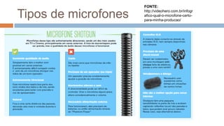 Tipos de microfones
FONTE:
http://videohero.com.br/infogr
afico-qual-o-microfone-certo-
para-minha-producao/
 