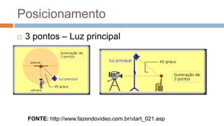 Posicionamento
 3 pontos – Luz principal
FONTE: http://www.fazendovideo.com.br/vtart_021.asp
 