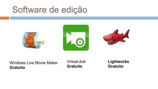 Software de edição
Virtual dub
Gratuito
Lightworks
Gratuito
Windows Live Movie Maker
Gratuito
 