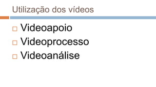 Utilização dos vídeos
 Videoapoio
 Videoprocesso
 Videoanálise
 