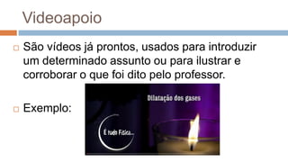 Videoapoio
 São vídeos já prontos, usados para introduzir
um determinado assunto ou para ilustrar e
corroborar o que foi dito pelo professor.
 Exemplo:
 