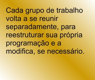 Cada grupo de trabalho volta a se reunir separadamente, para reestruturar sua própria programação e a modifica, se necessário. 