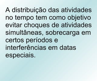 A distribuição das atividades no tempo tem como objetivo evitar choques de atividades simultâneas, sobrecarga em certos períodos e interferências em datas especiais. 