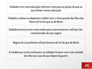 Soldados com mais educação sofreram mais para se ajustar do que os
                   que tinham menos educação

Soldados sulistas se adaptaram melhor com o clima quente das Ilhas dos
                     Mares do Sul do que os do Norte

Soldados brancos eram mais ávidos para se promoverem a oﬁciais não-
                    comissionados do que negros


    Negros do sul preferiam oﬁciais brancos do Sul do que do Norte


À medida que a luta continuava, os soldados ﬁcavam com mais vontade
             de voltar pra casa do que depois da guerra
 