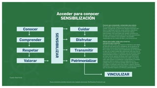 Museos socialmente sostenibles (inclusión social, ciudadanía, democracia) | Red Museística Provincial de Lugo
Acceder para conocer
SENSIBILIZACIÓN
SENSIBILIZAR
Conocer
Comprender
Respetar
Valorar
Cuidar
Disfrutar
Transmitir
Patrimonializar
VINCULIZAR
Conocer para comprender, comprender para valorar.
No es posible valorar aquello a lo que no se encuentra
sentido. Comprender el Patrimonio significa reconocer que
tiene un significado histórico, social, político e identitario;
precisamente lo que después se denominan valores
patrimoniales. Pero para poder dar sentido o justificar los
porqués, suele ser necesario partir de un buen conocimiento,
no sólo de lo relativo a los conceptos, sino también
relacionado con los modos de hacer y las formas de ser.
Valorar para cuidar, cuidar para conservar,
convservar para transmitir.
Aquello que tiene valor, que importa en definitiva, será objeto
de atención por parte de los ciudadanos, de los gestores de
Patrimonio, de las administraciones y de los investigadores.
Por lo tanto, es un primer paso fundamental que se reconozca
el valor de un determinado bien patrimonial, pero que sea un
reconocimiento propio y no impuesto, que las personas hayan
experimentado procesos y situaciones que les conduzcan a
ser ellos mismos quienes atribuyan valor a ese Patrimonio.
A partir de aquí la tendencia humana es cuidar lo que tiene
valor, velar porque no se deteriore, restaurándolo si resuelta
necesario, darlo a conocer a otros e implicarlos en su
cuidado. Pero el ser humano también debe ser educado en
el cuidado y la difusión, pues hay criterios y pautas, técnicas
específicas, mecanismos especializados y medios tecnológicos
que nos permiten hacerlo con eficacia y perdurabilidad.
Fuente: Olaia Fontal
 