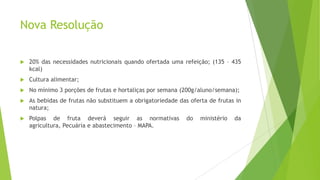 Nova Resolução


20% das necessidades nutricionais quando ofertada uma refeição; (135 – 435
kcal)



Cultura alimentar;



No mínimo 3 porções de frutas e hortaliças por semana (200g/aluno/semana);



As bebidas de frutas não substituem a obrigatoriedade das oferta de frutas in
natura;



Polpas de fruta deverá seguir as normativas
agricultura, Pecuária e abastecimento – MAPA.

do

ministério

da

 