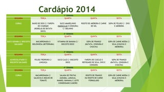 Cardápio 2014
SEGUNDA

TERÇA

CURAU

BAIÃO DE DOIS C/ FAROFA
DE CHARQUE
(RODELAS DE BATATA
DOCE)

SEGUNDA

TERÇA

SUCO GOIABA C/ BISCOITO
SALGADO

MACARRONADA À
BOLONHESA (BETERRABA)

SEGUNDA

TERÇA

ACHOCOLATADO C/
BISCOITO SALGADO

FEIJÃO TROPEIRO C/
LINGUIÇA

SEGUNDA

TERÇA

CURAU

MACARRONADA C/
SALSICHA E MOLHO DE
TOMATE

1º SEMANA
QUARTA

SUCO AMARELINHO
(MARACUJÁ E CENOURA)
C/ BOLINHO
2º SEMANA
QUARTA
VITAMINA DE BANANA C/
BISCOITO DOCE

3º SEMANA
QUARTA
SUCO CAJÚ C/ BISCOITO
DOCE
4º SEMANA
QUARTA

SALADA DE FRUTAS
(GOIABA, LARANJA,
MAMÃO, BANANA) C LEITE
CONDENSADO CASEIRO

QUINTA

SEXTA

RISOTO DE ABÓBORA E CARNE
DE SOL

SOPA DE FEIJÃO C/ OVO
E ABÓBORA

QUINTA

SEXTA

SOPA DE FRANGO
(BATATA, CENOURA E
CHUCHU)

SOPA DE CARNE MOÍDA C/
SOJA (CHUCHU E
ABÓBORA)

QUINTA

SEXTA

FAROFA DE CUSCUZ E
REFOGADO DE SOJA, OVO E
CENOURA

SOPA DE FRANGO
(BATATA, CENOURA E
CHUCHU)

QUINTA

SEXTA

RISOTO DE FRANGO
OU RISOTO DE CARNE
FORMULADO

SOPA DE CARNE MOÍDA C/
SOJA (CHUCHU E
ABÓBORA)

 