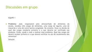 Discussões em grupo
EQUIPE 1



Problema: José, responsável pelo almoxarifado de alimentos da
escola, recebeu três cargas de alimentos, uma carga de iogurte, uma de
macarrão e uma de carne bovina congelada. No entanto, ficou na dúvida de
qual das cargas receberia primeiro e o que deveria ser verificado nos
produtos. Então, ajude o José a resolver esse problema. Qual das cargas ele
deverá receber primeiro e o que deverá verificar no ato do recebimento dos
alimentos?
Solução:

 