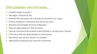 Dificuldades encontradas...


Cardápio antigo na parede;



Não segue a refeição do dia;



Merenda feita de acordo com a decisão da merendeira (ex: sopa);



Cantina visitada por funcionários que não são do setor;



Alimentos armazenados de forma inadequada;



Sobra de alguns gêneros e falta de outros;



Falta de conferência dos produtos industrializados e da agricultura familiar;



Fichas de prateleiras desatualizadas ou inexistentes;



Não sabiam qual semana estavam no cardápio;



Higienização inadequada dos utensílios e alimentos;

 