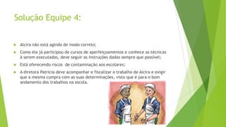 Solução Equipe 4:


Alcira não está agindo de modo correto;



Como ela já participou de cursos de aperfeiçoamentos e conhece as técnicas
à serem executadas, deve seguir as instruções dadas sempre que possível;



Está oferecendo riscos de contaminação aos escolares;



A diretora Patrícia deve acompanhar e fiscalizar o trabalho de Alcira e exigir
que a mesma cumpra com as suas determinações, visto que é para o bom
andamento dos trabalhos na escola.

 
