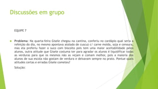 Discussões em grupo
EQUIPE 7



Problema: Na quarta-feira Gisele chegou na cantina, conferiu no cardápio qual seria a
refeição do dia, no mesmo apontava atolado de cuscuz c/ carne moída, soja e cenoura,
mas ela preferiu fazer o suco com biscoito pois tem uma maior aceitabilidade pelos
alunos, outra atitude que Gisele costuma ter para agradar os alunos é liquidificar todas
as verduras para que os mesmos não as vejam e comam melhor, pois a maioria dos
alunos de sua escola não gostam de verdura e deixavam sempre no prato. Pontue quais
atitudes certas e erradas Gisele cometeu?
Solução:

 
