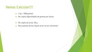 Vamos Calcular!!!


1 kg = 1000 gramas



Per capita (Quantidades de gramas por aluno)



Per capita do arroz: 50 g



Para quantos alunos 1kg de arroz vai ser suficiente?

 