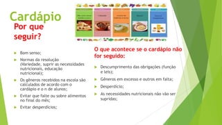 Cardápio
Por que
seguir?


Bom senso;



Normas da resolução
(Variedade, suprir as necessidades
nutricionais, educação
nutricional);

O que acontece se o cardápio não
for seguido:


Descumprimento das obrigações (função
e leis);

Os gêneros recebidos na escola são
calculados de acordo com o
cardápio e o n de alunos;



Gêneros em excesso e outros em falta;



Desperdício;



Evitar que falte ou sobre alimentos
no final do mês;



As necessidades nutricionais não vão ser
supridas;



Evitar desperdícios;



 