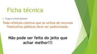 Ficha técnica


O que é a ficha técnica?

Toda refeição coletiva que se utiliza de recursos
financeiros públicos deve ser padronizada.

Não pode ser feito do jeito que
achar melhor!!!

 