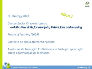 EU strategy 2020 Competências Chave europeias. e-skills; New skills for new jobs; Future jobs and learning .   Future of learning   (2025) Contexto de enquadramento nacional A reforma da Formação Profissional em Portugal: apreciação critica e formulação de melhorias Mesa 1 