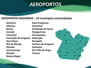 AEROPORTOS
AEROPORTOS REGIONAIS – 23 municípios contemplados
Almeirim
Altamira
Breves
Cametá
Castanhal
Conceição do Araguaia
Dom Eliseu
Ilha de Marajó
Itaituba
Jacareacanga
Marabá
Monte Alegre
Novo Progresso
Oriximiná
Ourilândia do Norte
Paragominas
Parauapebas
Redenção
Rurópolis
Santana do Araguaia
Santarém
São Félix do Xingu
Tucuruí
 