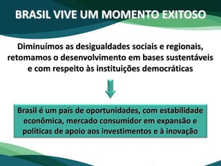 Diminuímos as desigualdades sociais e regionais,
retomamos o desenvolvimento em bases sustentáveis
e com respeito às instituições democráticas
BRASIL VIVE UM MOMENTO EXITOSO
Brasil é um país de oportunidades, com estabilidade
econômica, mercado consumidor em expansão e
políticas de apoio aos investimentos e à inovação
 