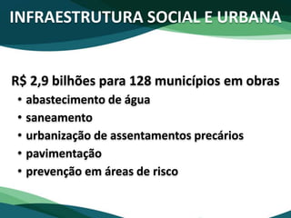 INFRAESTRUTURA SOCIAL E URBANA
R$ 2,9 bilhões para 128 municípios em obras
• abastecimento de água
• saneamento
• urbanização de assentamentos precários
• pavimentação
• prevenção em áreas de risco
 