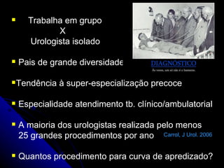 Trabalha em grupo X  Urologista isolado Pais de grande diversidade Tendência à super-especialização precoce Especialidade atendimento tb. clínico/ambulatorial A maioria dos urologistas realizada pelo menos 25 grandes procedimentos por ano Quantos procedimento para curva de apredizado? Carrol, J Urol. 2006 