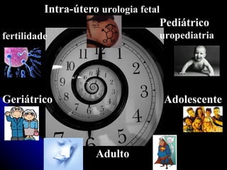 Pediátrico uropediatria Geriátrico   Adolescente   Adulto Intra-útero  urologia fetal fertilidade 