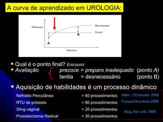 A curva de aprendizado em UROLOGIA: Qual é o ponto final?  End-point  Avaliação  precoce = preparo inadequado  (ponto A) tardia  = desnecessário    (ponto B)  Aquisição de habilidades é um processo dinâmico Nefrolito Percutânea   = 60 procedimentos RTU de próstata = 80 procedimentos Sling vaginal = 20 procedimentos Prostatectomia Radical = 30 procedimentos Allen, J Endourol. 2005 Furuya,Hinyokika 2006 Atug, Eur urol. 2006 