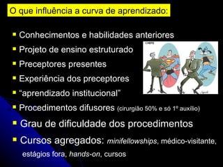 O que influência a curva de aprendizado: Conhecimentos e habilidades anteriores Projeto de ensino estruturado Preceptores presentes Experiência dos preceptores “ aprendizado institucional” Procedimentos difusores  (cirurgião 50% e só 1 º auxílio) Grau de dificuldade dos procedimentos Cursos agregados:  minifellowships , médico-visitante, estágios fora,  hands-on , cursos 