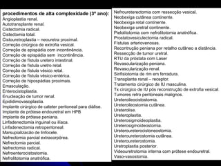 procedimentos de alta complexidade (3º ano): Angioplastia renal. Autotransplante renal. Cistectomia radical. Cistectomia total. Cistouretroplastia – neouretra proximal. Correção cirúrgica de extrofia vesical. Correção de epispádia com incontinência. Correção de epispádia sem  incontinência. Correção de fístula uretero intestinal. Correção de fístula uretro retal. Correção de fístula vésico retal. Correção de fístula vésico-entérica. Correção de hipospádias proximais. Emasculação. Enterocistoplastia. Enucleação de tumor renal. Epididimovasoplastia. Implante cirúrgico de cateter peritoneal para diálise. Implante de prótese endouretral em HPB Implante de prótese peniana. Linfadenectomia inguinal ou ilíaca. Linfadenectomia retroperitoneal. Marsupializacão de linfocele. Nefrectomia parcial extracorpórea. Nefrectomia parcial. Nefrectomia radical. Nefroenterocistostomia. Nefrolitotomia anatrófica. Nefroureterectomia com ressecção vesical. Neobexiga cutânea continente. Neobexiga retal continente. Neobexiga uretral continente. Pielolitotomia com nefrolitotomia anatrófica. Prostatovesiculectomia radical. Fístulas arteriovenosas. Recontrução peniana por retalho cutâneo a distância. Ressecção de tumor uretral. RTU da próstata com Laser Revascularização peniana. Revascularização renal. Sinfisiotomia de rim em ferradura. Transplante renal – receptor. Tratamento cirúrgico de IU masculina. Tx cirúrgico de IU pós reconstrução de extrofia vesical. Tumores retro peritoneais malignos. Ureteroileocistostomia. Ureteroileostomia cutânea. Ureterolise. Ureteroplastia. Ureterosigmoideoplastia. Ureterosigmoideostomia. Ureteroureterocistoneostomia. Ureteroureterostomia cutânea. Ureteroureterostomia. Uretroplastia posterior. Videouretrotomia interna com prótese endouretral. Vaso-vasostomia. 