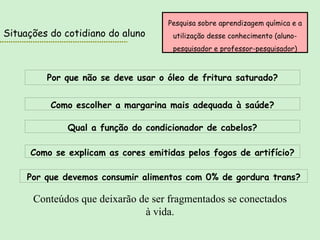 Por que não se deve usar o óleo de fritura saturado? Como escolher a margarina mais adequada à saúde? Por que devemos consumir alimentos com 0% de gordura trans? Situações do cotidiano do aluno Qual a função do condicionador de cabelos? Como se explicam as cores emitidas pelos fogos de artifício? Pesquisa sobre aprendizagem química e a utilização desse conhecimento (aluno-pesquisador e professor-pesquisador) Conteúdos que deixarão de ser fragmentados se conectados à vida. 