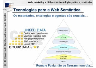 Web, marketing e bibliotecas: tecnologias, mitos e tendências
IIIEncontrodeBibliotecasEscolaresdeBarcelos
Tecnologias para a Web Semântica
22
Os metadados, ontologias e agentes são cruciais…
Roma e Pavia não se fizeram num dia…
 
