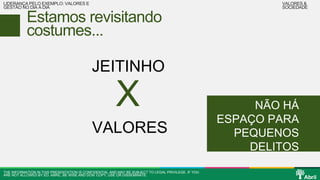 Estamos revisitando 
costumes... 
JEITINHO 
X NÃO HÁ 
VALORES 
THE INFORMATION IN THIS PRESENTATION IS CONFIDENTIAL AND MAY BE SUBJECT TO LEGAL PRIVILEGE. IF YOU 
ARE NOT ALLOWED BY ED. ABRIL, BE WISE AND DON’ COPY, USE OR DISSEMINATE. 
ESPAÇO PARA 
PEQUENOS 
DELITOS 
LIDERANÇA PELO EXEMPLO: VALORES E 
GESTÃO NO DIA A DIA 
VALORES & 
SOCIEDADE 
 