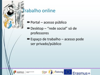 Trabalho online 
Portal – acesso público 
Desktop – “rede social” só de 
professores 
Espaço de trabalho – acesso pode 
ser privado/público 
 