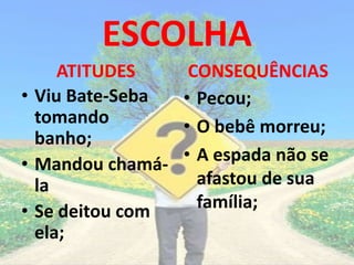 ESCOLHA
ATITUDES
• Viu Bate-Seba
tomando
banho;
• Mandou chamá-
la
• Se deitou com
ela;
CONSEQUÊNCIAS
• Pecou;
• O bebê morreu;
• A espada não se
afastou de sua
família;
 