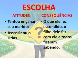 ESCOLHA
ATITUDES
• Tentou enganar
seu marido;
• Assassinou o
Urias.
CONSEQUÊNCIAS
• O que ele fez
escondido, o
filho dele fez
com ele e todos
ficaram
sabendo.
 