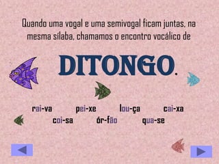 Quando uma vogal e uma semivogal ficam juntas, na
mesma sílaba, chamamos o encontro vocálico de
Ditongo.
rai-va pei-xe lou-ça cai-xa
coi-sa ór-fão qua-se
 