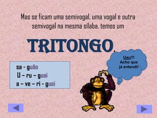 Mas se ficam uma semivogal, uma vogal e outra
semivogal na mesma sílaba, temos um
Tritongo.
sa - guão
U – ru – guai
a – ve – ri - guei
Uau!!!
Acho que
já entendi!
 