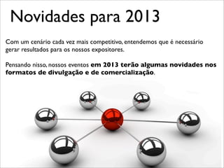 Novidades para 2013
Com um cenário cada vez mais competitivo, entendemos que é necessário
gerar resultados para os nossos expositores.

Pensando nisso, nossos eventos em 2013 terão algumas novidades nos
formatos de divulgação e de comercialização.
 